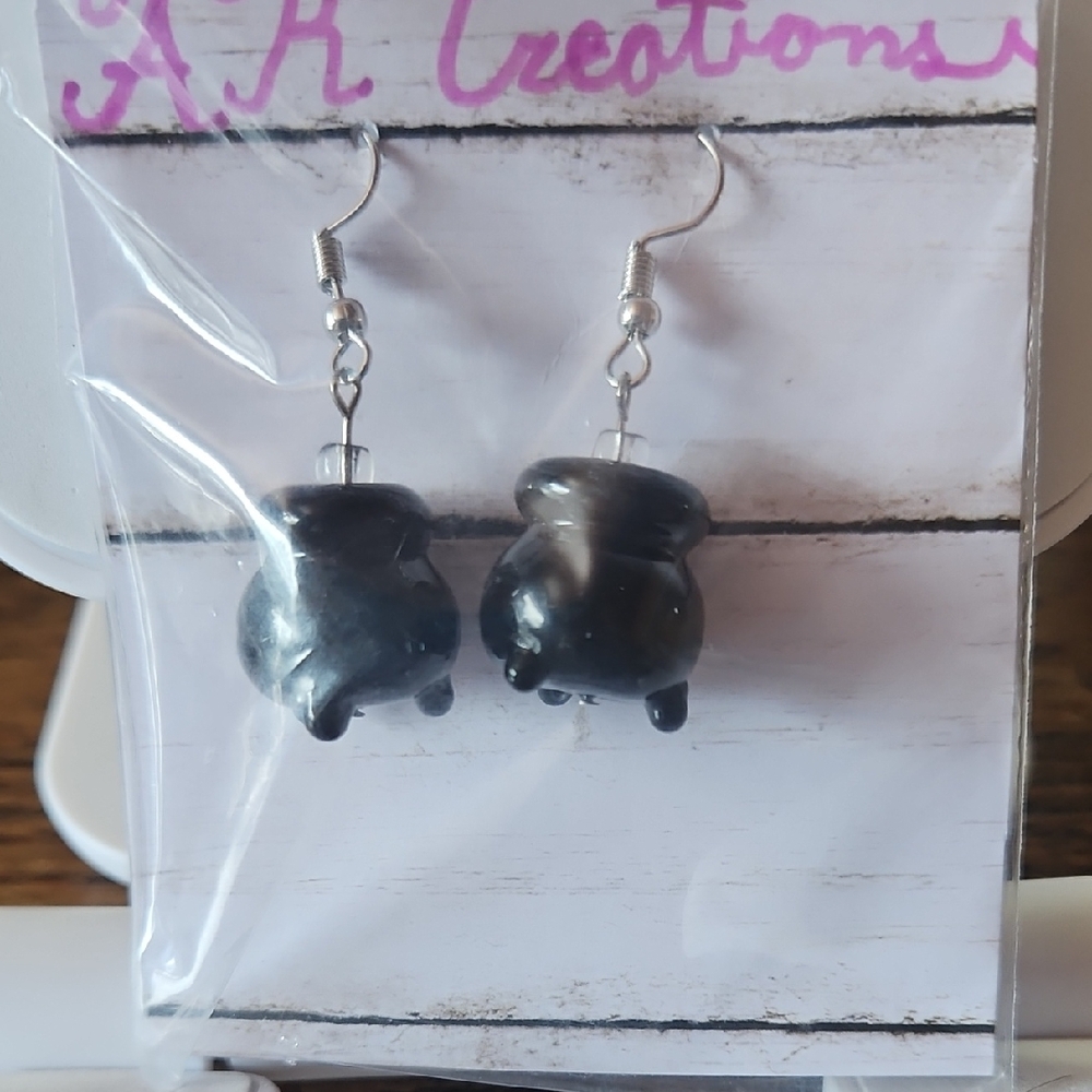 Handmade Black Cauldron Earrings With Silver Wire